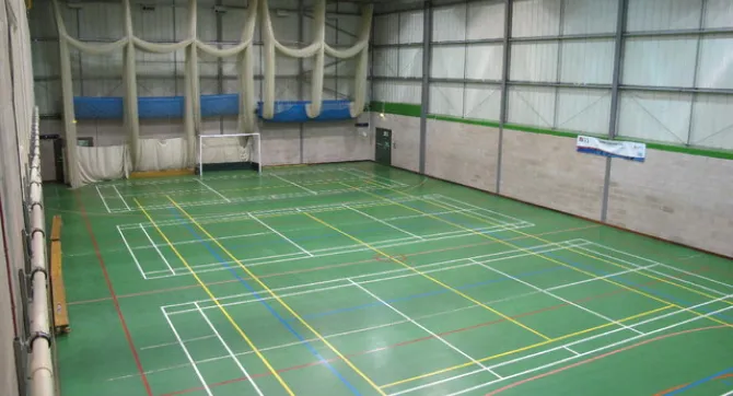 afbeelding van een sporthal met een groene vloer