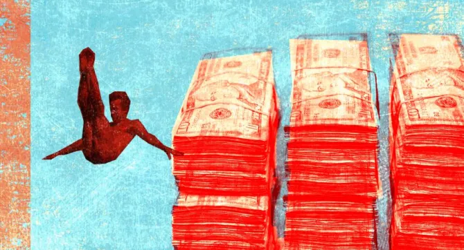 tekening met stapels geld en een vallende persoon