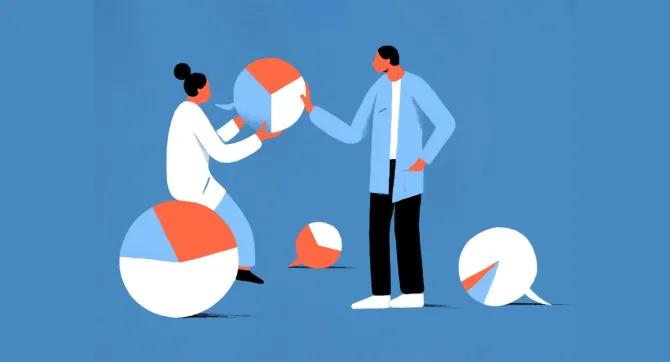 twee personen met vier taartdiagrammen