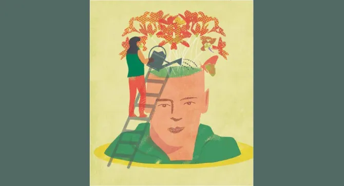 vrouw begiet hoofd waaruit planten groeien
