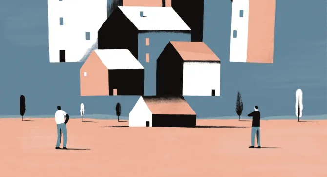 mensen kijken naar zwevende huizen