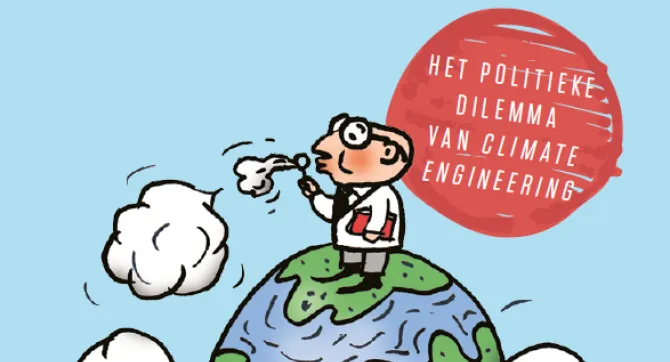 illustratie van wetenschapper die op de aardbol staat en met bellenblaas wolken maakt 