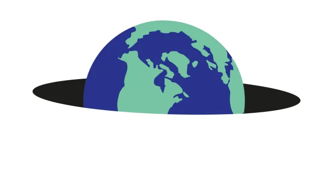 Een wereldbol, half verzonken in een zwart gat.