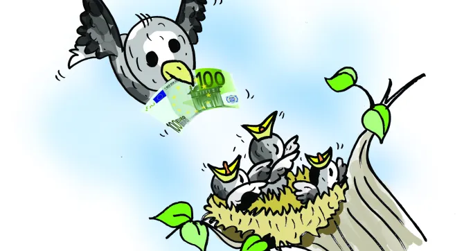 Vogel voedt kuikens met eurobiljet