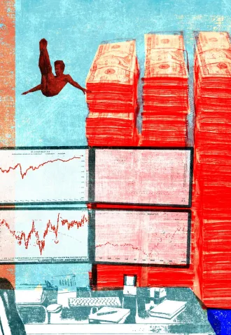 tekening met stapels geld en een vallende persoon