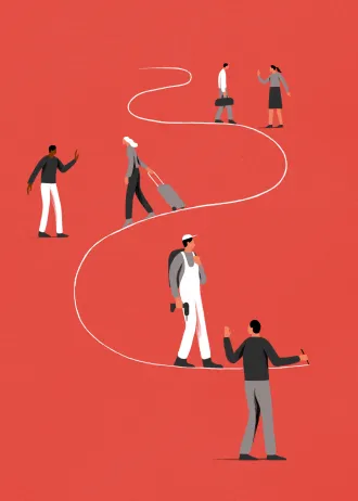 Illustratie van mensen die een lijn volgen die iemand tekent, het zijn werkenden. Naast de lijn staan ook mensen.
