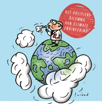 Illustratie van wetenschapper die op de aardbol staat en met bellenblaas wolken maakt. 