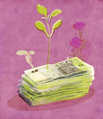 plantjes groeien uit een stapel bankbiljetten