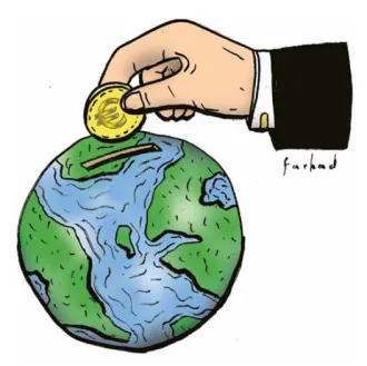 Illustratie van een hand die een munt in een spaarpot in de vorm van de aardbol werpt.