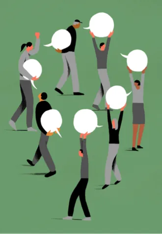 Illustratie democratie en zeggenschap: mensen met een tekstballon. 