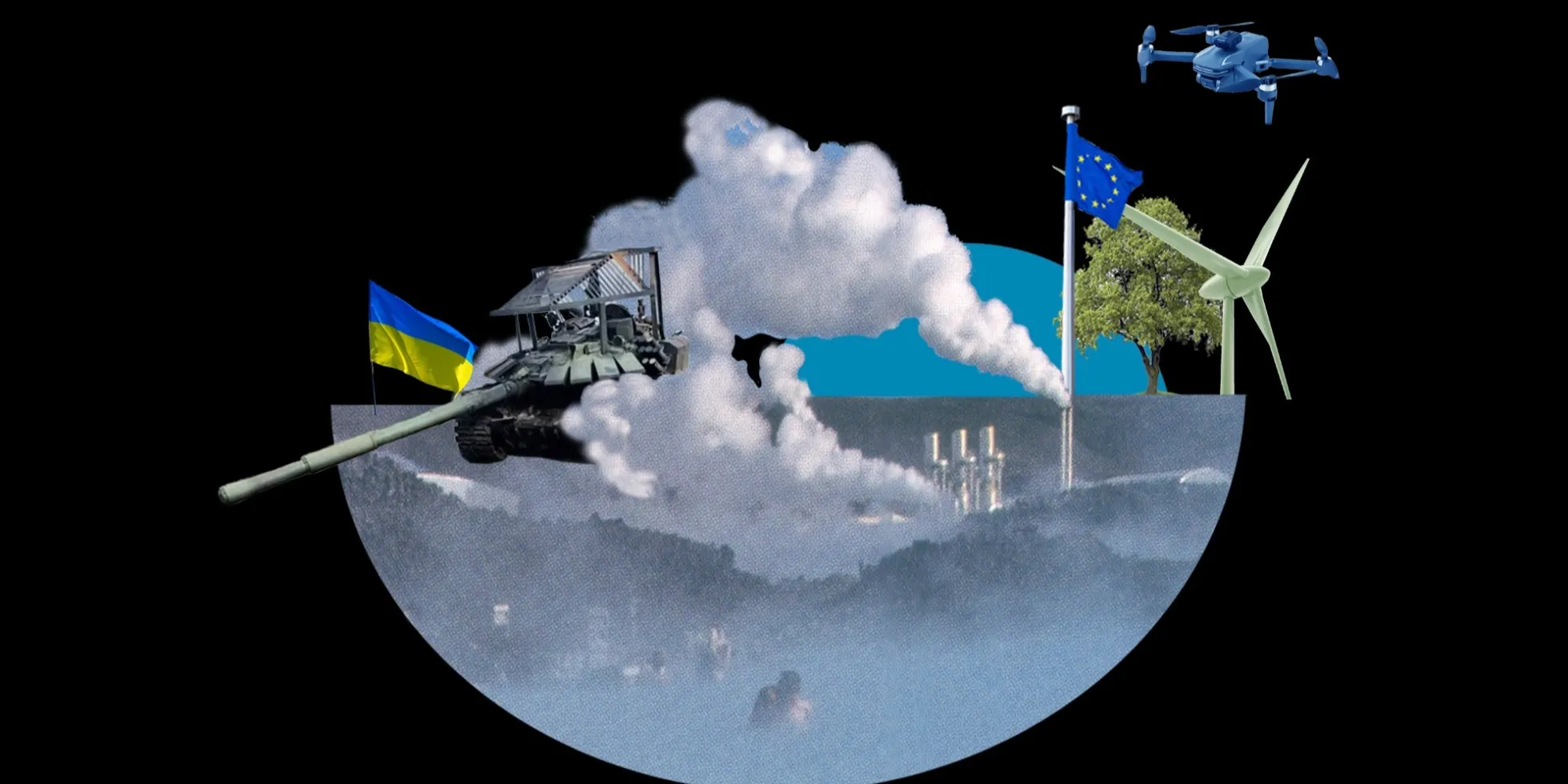 Slagveld met o.a. tank, drone, Oekraïense en Europese vlag