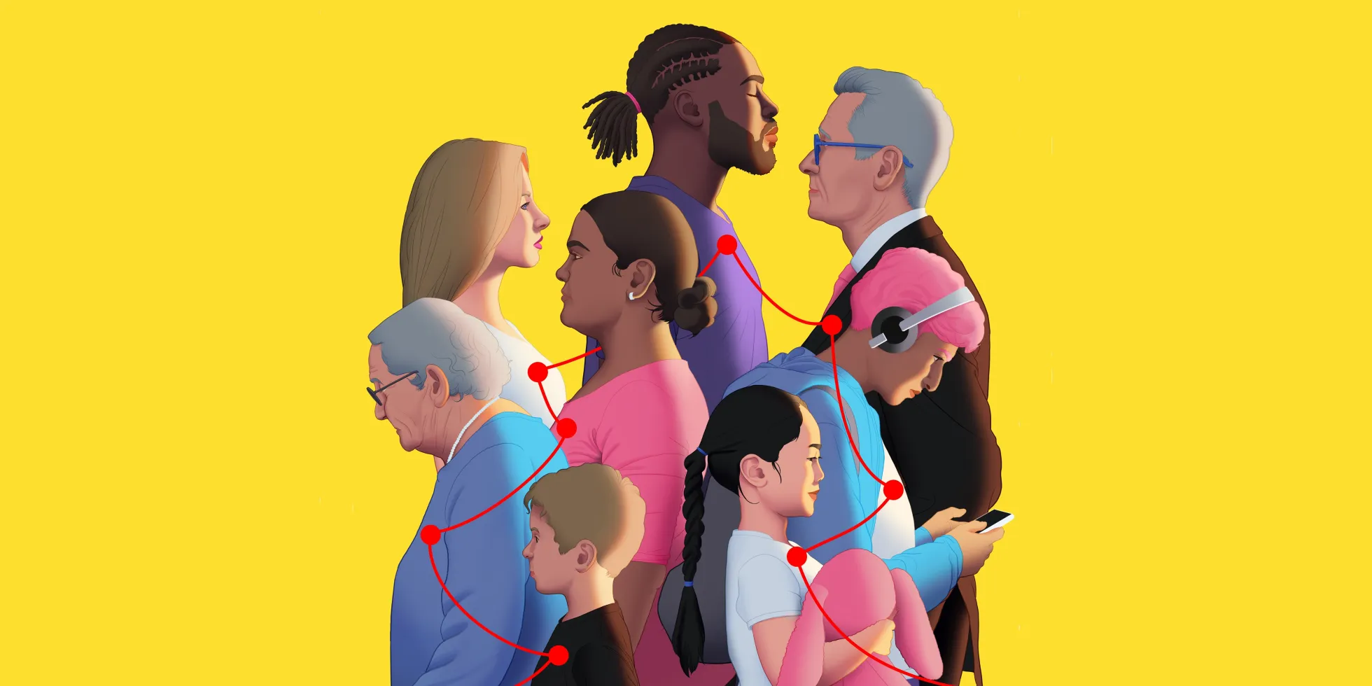 Een diverse groep van acht personen, verbonden door een rode lijn