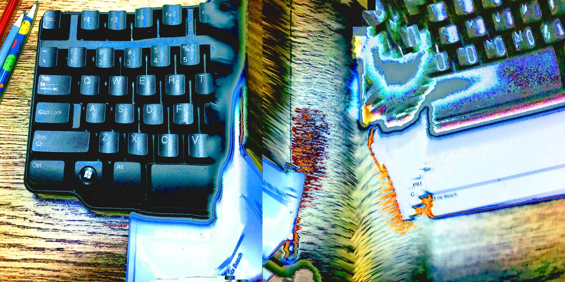 vervormd beeld van twee computertoetsenborden
