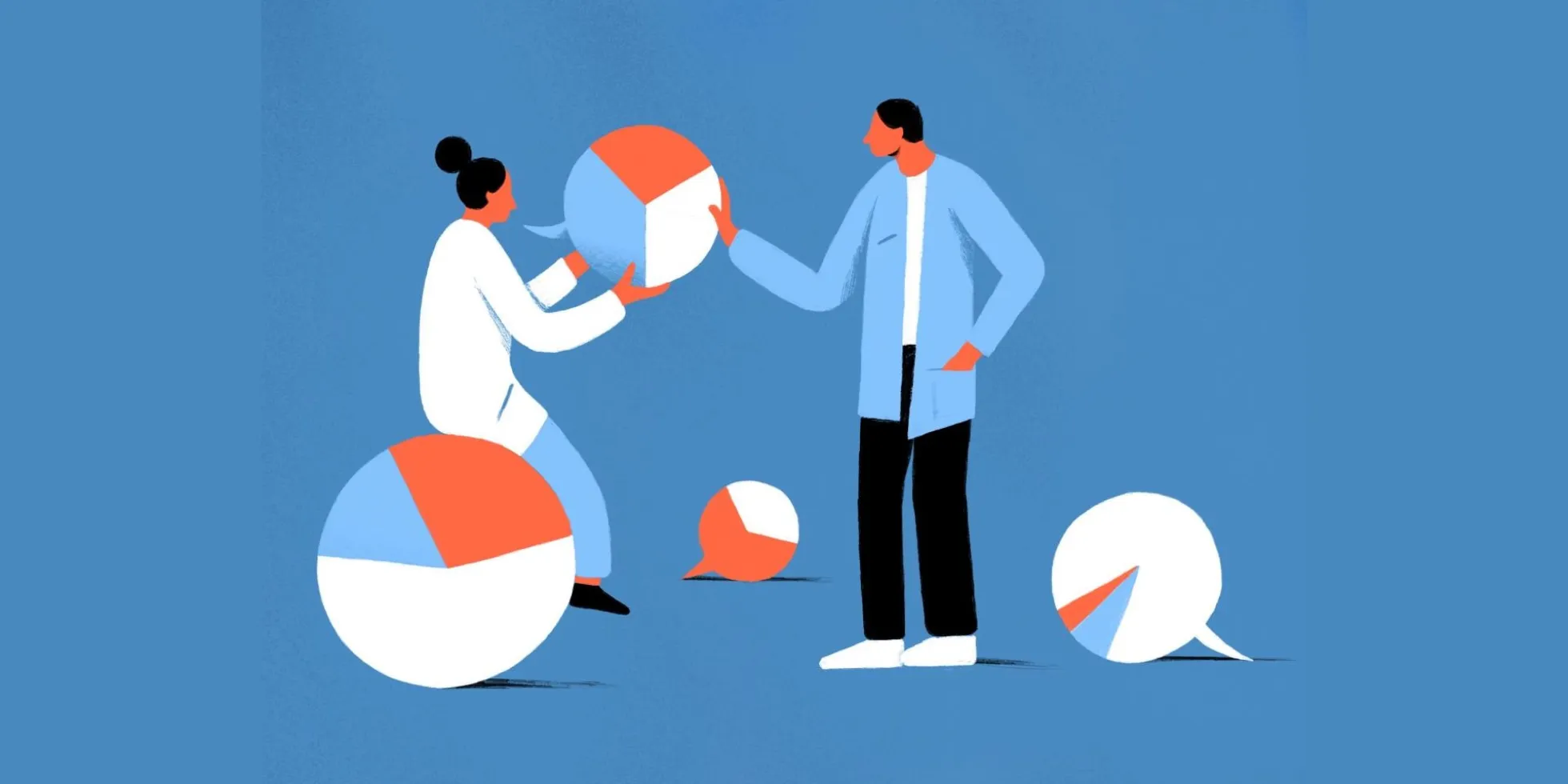 twee personen met vier taartdiagrammen