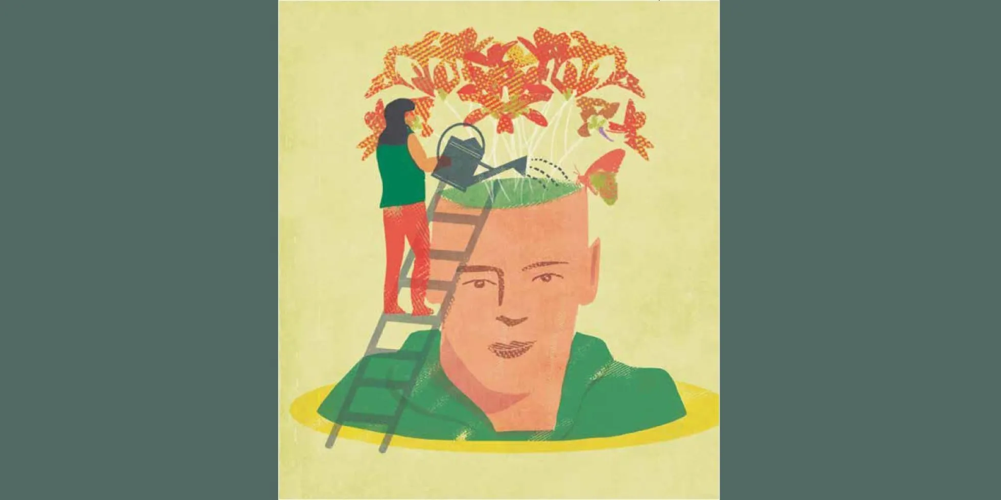 vrouw begiet hoofd waaruit planten groeien