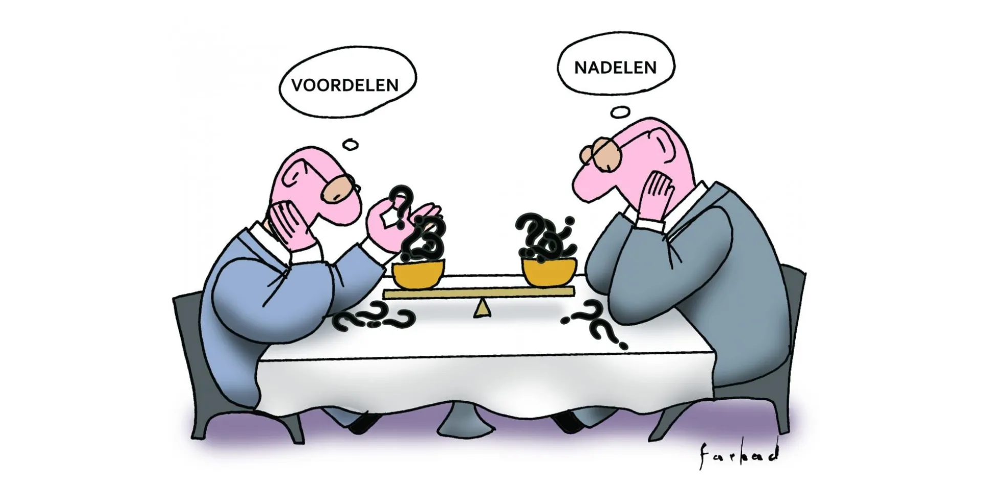 twee mannen aan tafel wegen voor- en nadelen