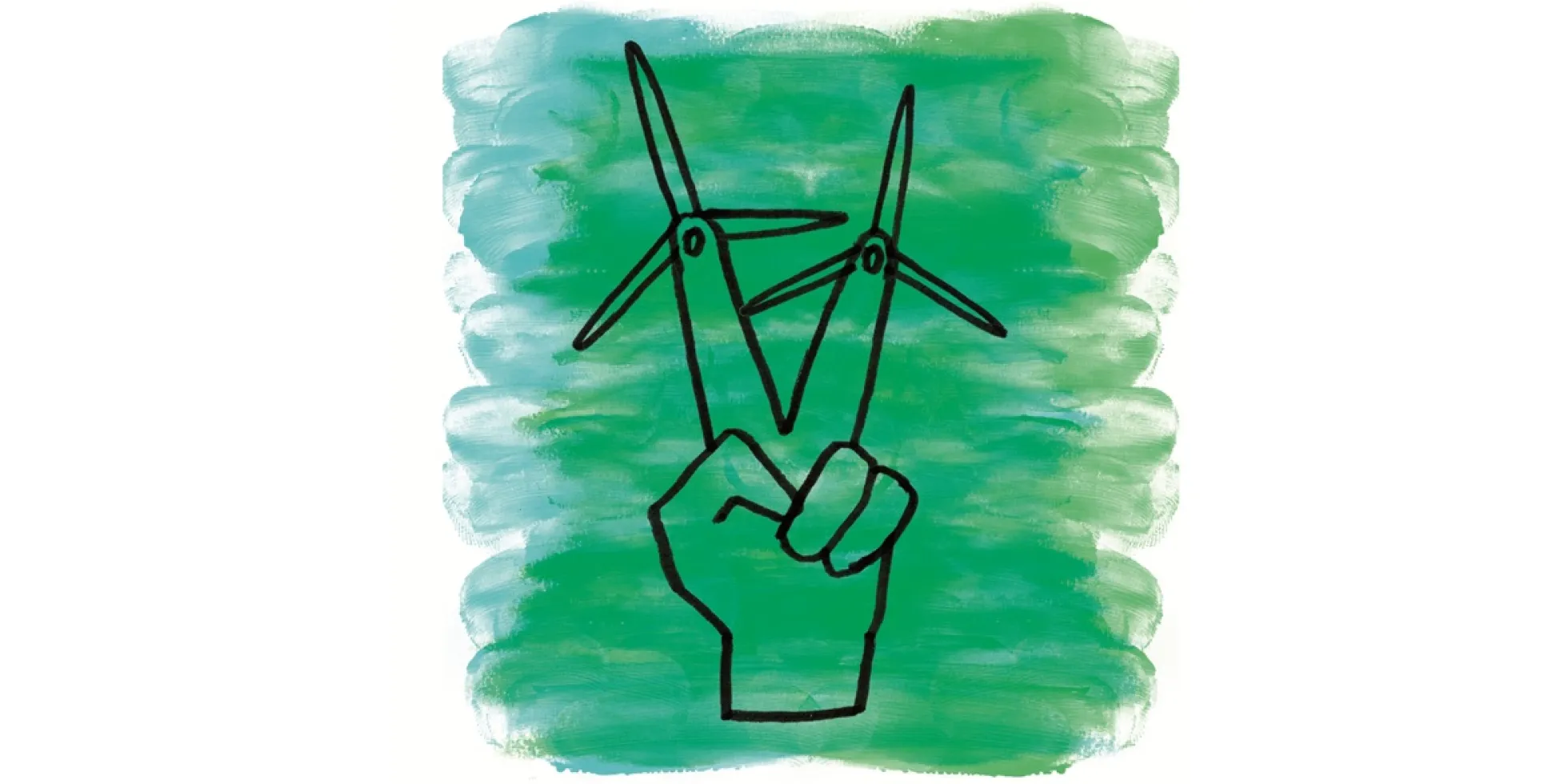 vredesteken met twee vingers, op elke vinger een windmolen