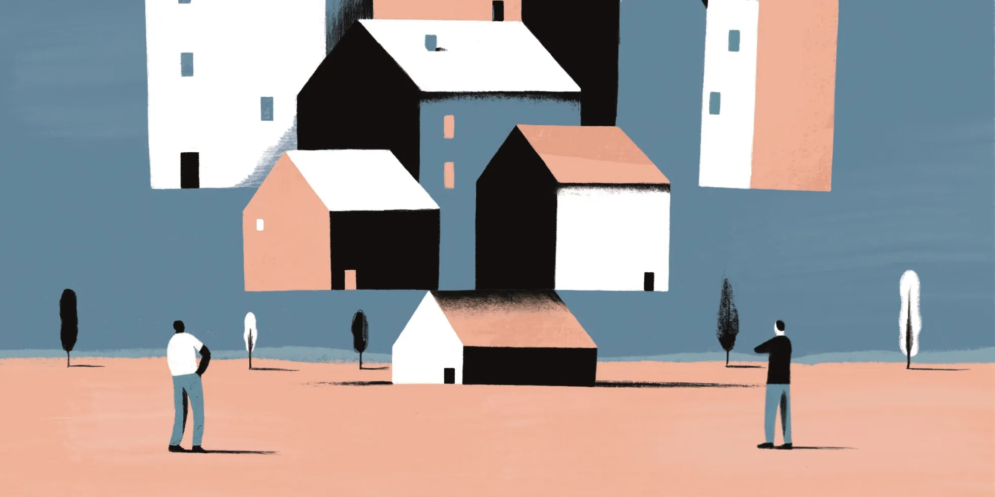 mensen kijken naar zwevende huizen